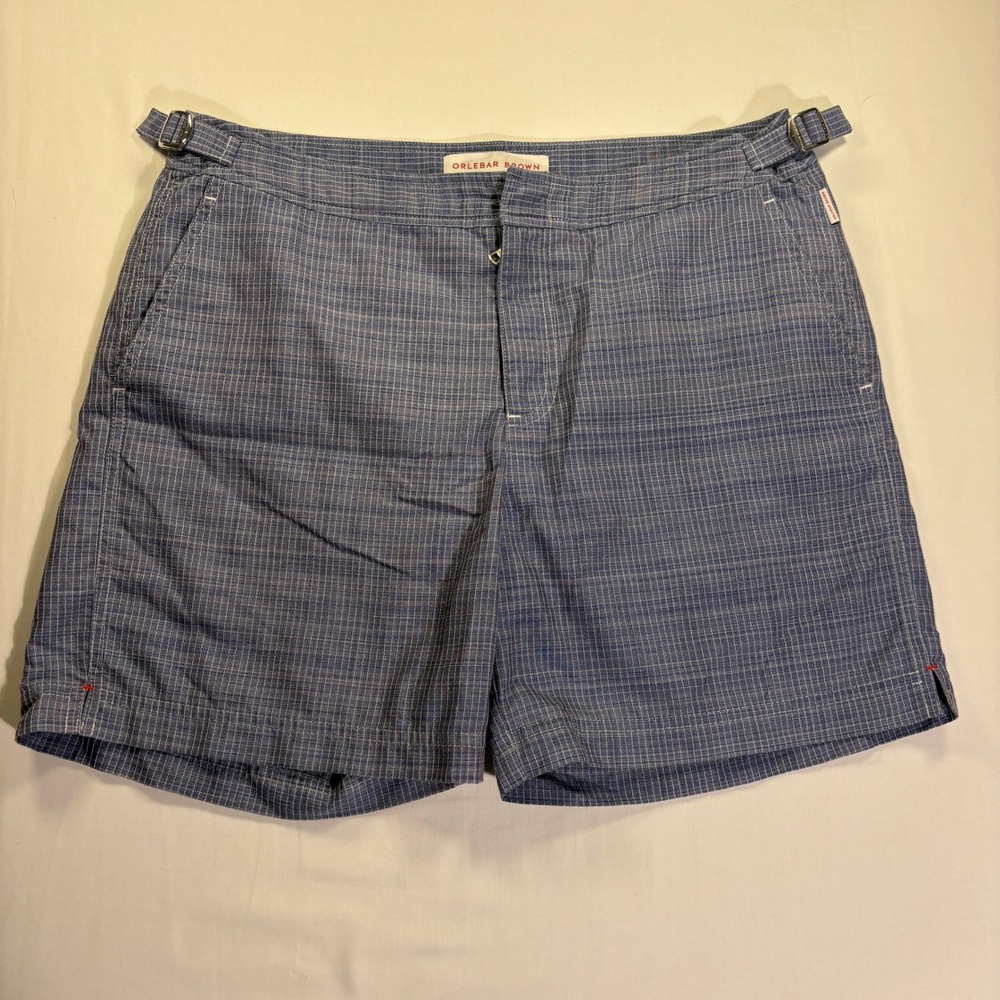 Orlebar Brown Bulldog Swim Shorts Blue Check Adjustable Side Tabs Mens 32